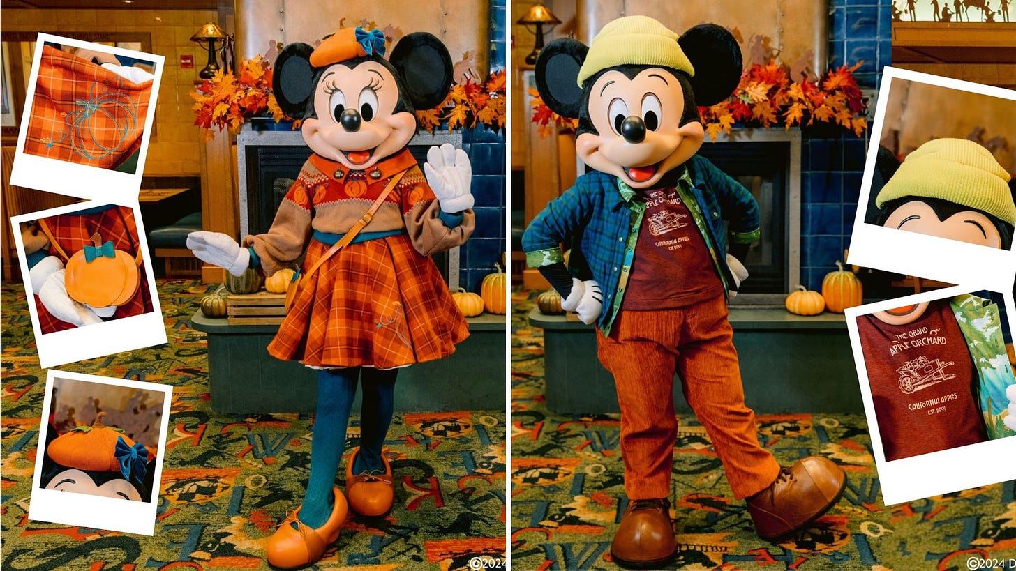 Minnie and Mickey Mouse in autumn-themed outfits stand beside a fireplace decorated with pumpkins. Polaroid-like frames show details of their outfits and accessories. Minnie and Mickey Mouse in autumn-themed outfits stand beside a fireplace decorated with pumpkins. Polaroid-like frames show details of their outfits and accessories.